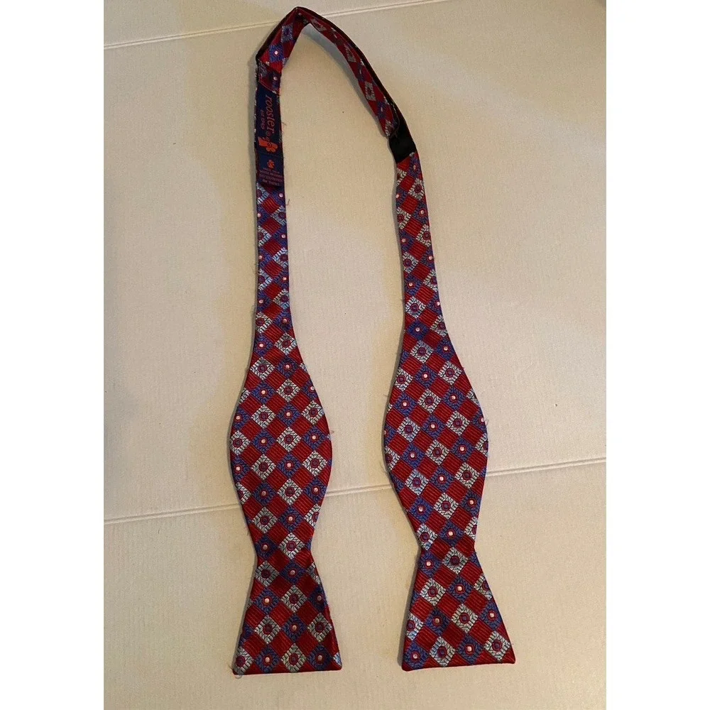 Rooster Mens Silk Bow Tie Red Blue Geometric Diamond Pattern Self Tie Adjustable